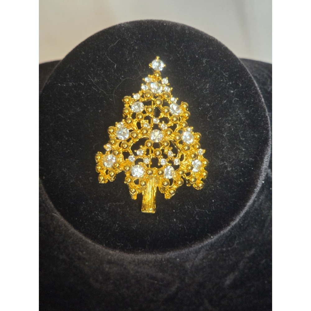 Vintage Eisenberg Ice Gold Tone Clear Rhinestone Christmas Tree Brooch Pin Metal